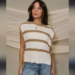 Striped Cream & Mocha Morgan Knit Side-Tie Sleeveless Sweater New Size XL